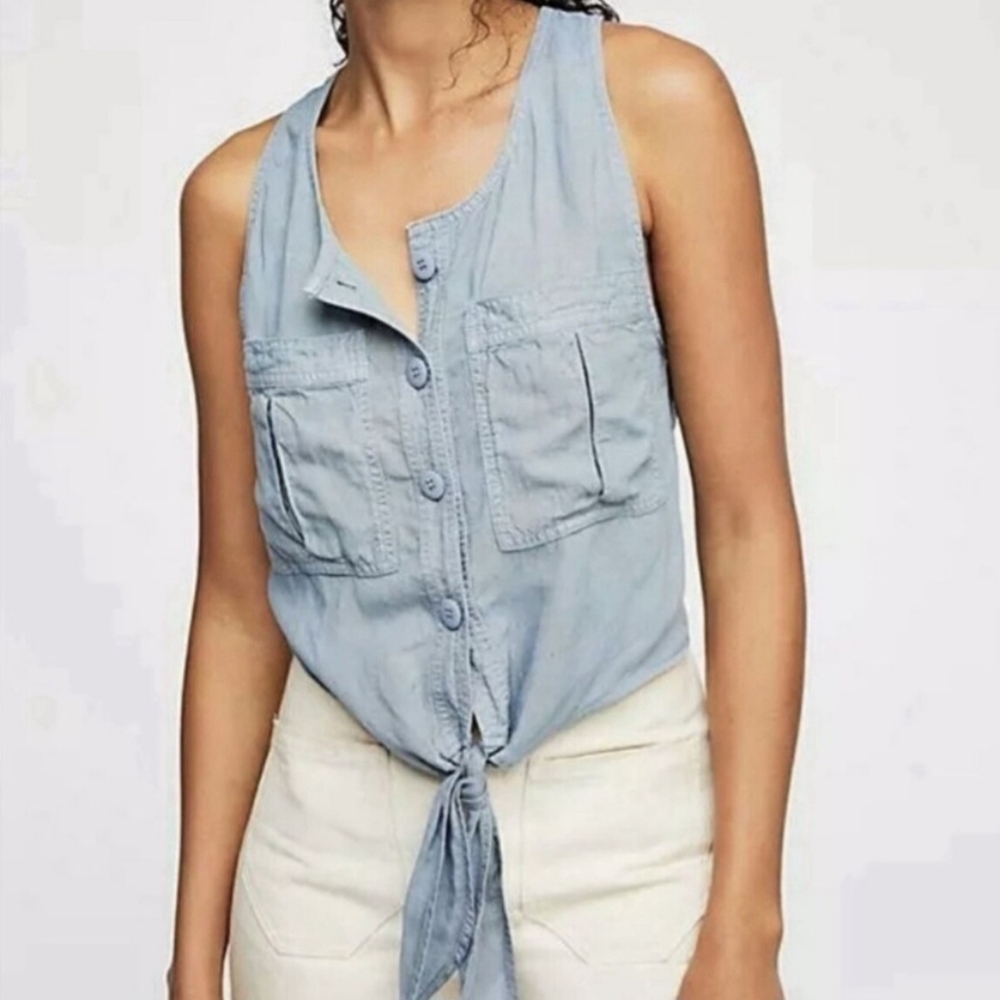 Free People Highway Cruising Button Front Chambray Top Linen blend size small